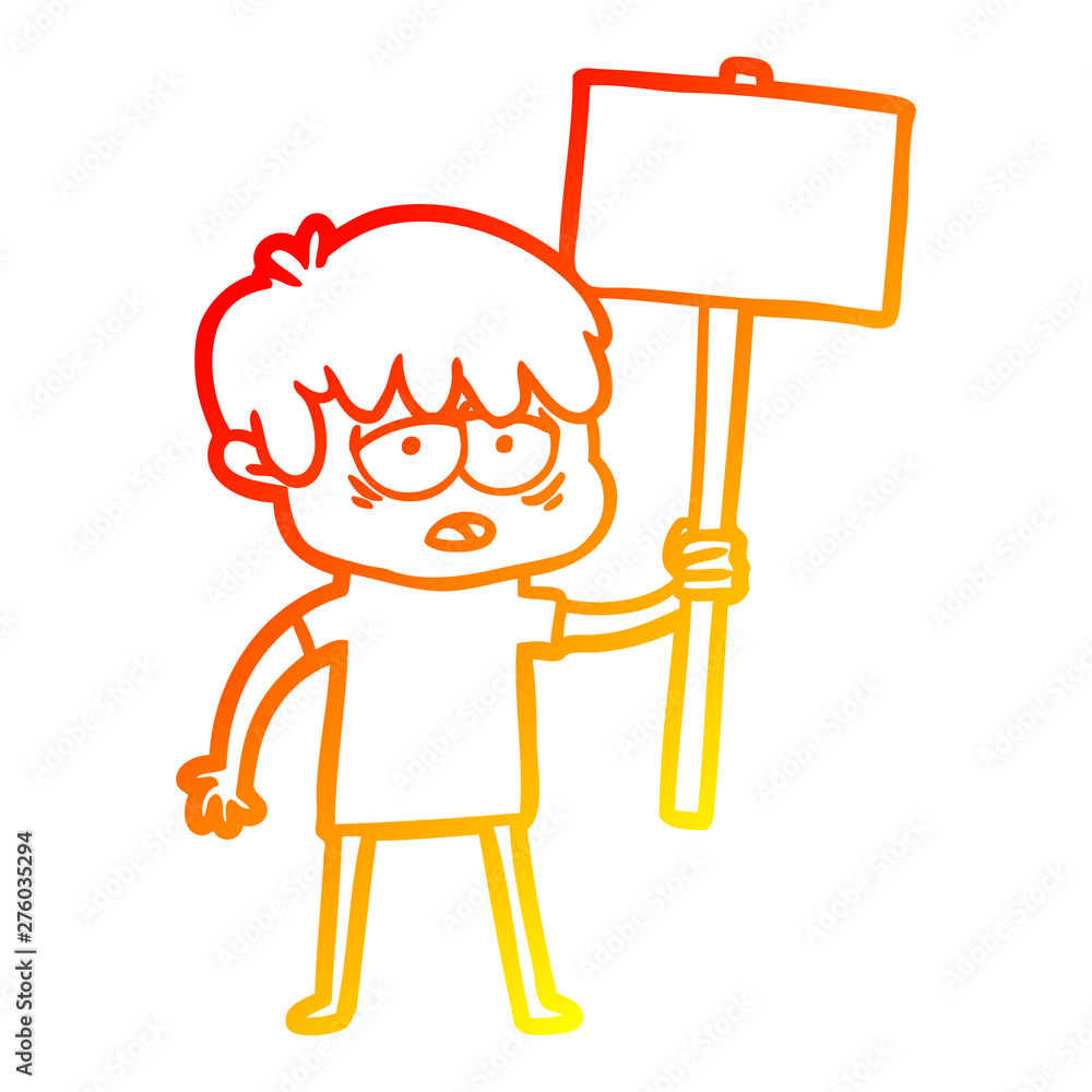 warm gradient line drawing cartoon exhausted boy with placard warm gradient line drawing cartoon exhausted boy with placard
