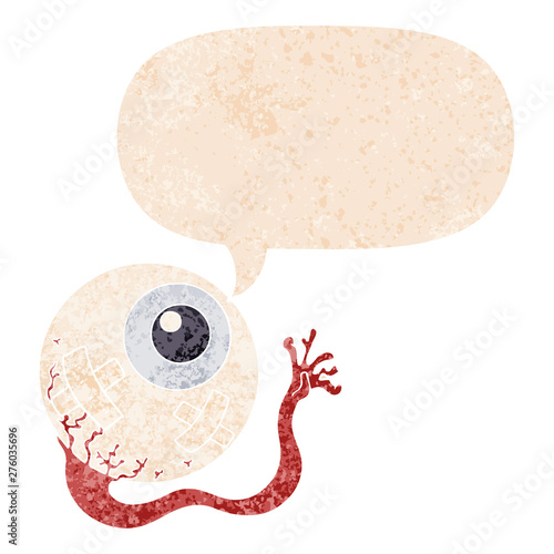 cartoon injured eyeball and speech bubble in retro textured style