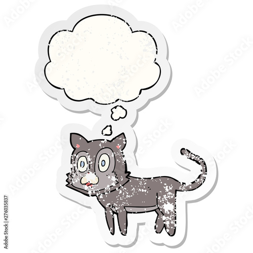 happy cartoon cat and thought bubble as a distressed worn sticker