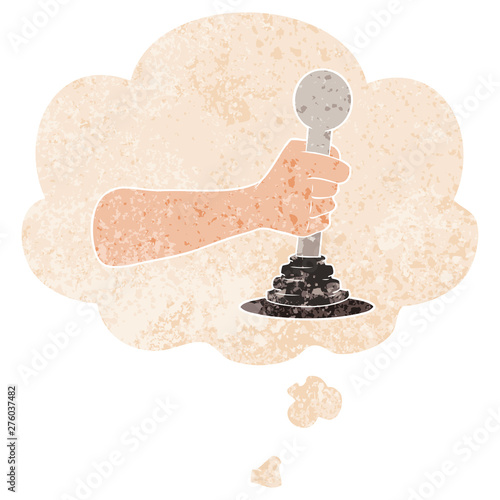 cartoon hand pulling lever and thought bubble in retro textured style