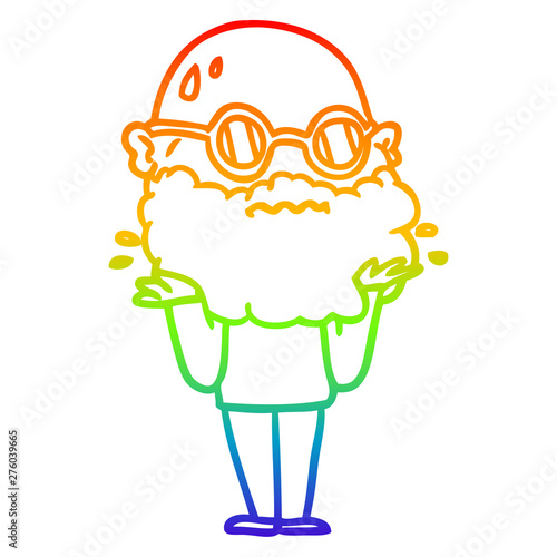 rainbow gradient line drawing cartoon worried man with beard and sunglasses