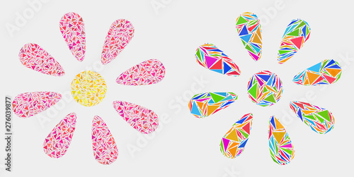Flower collage icon of triangle elements which have different sizes and shapes and colors. Geometric abstract vector illustration of flower.