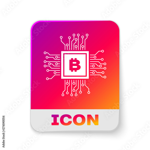 White CPU mining farm icon isolated on white background. Bitcoin sign inside processor. Cryptocurrency mining community. Digital money. Rectangle color button. Vector Illustration