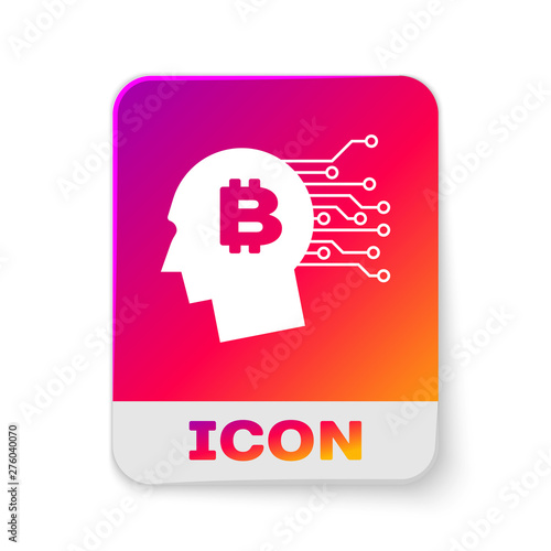 White Bitcoin think icon isolated on white background. Cryptocurrency head. Blockchain technology, bitcoin, digital money market, cryptocoin wallet. Rectangle color button. Vector Illustration