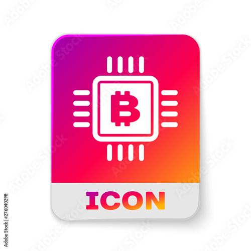 White CPU mining farm icon isolated on white background. Bitcoin sign inside microchip. Cryptocurrency mining community. Digital money. Rectangle color button. Vector Illustration