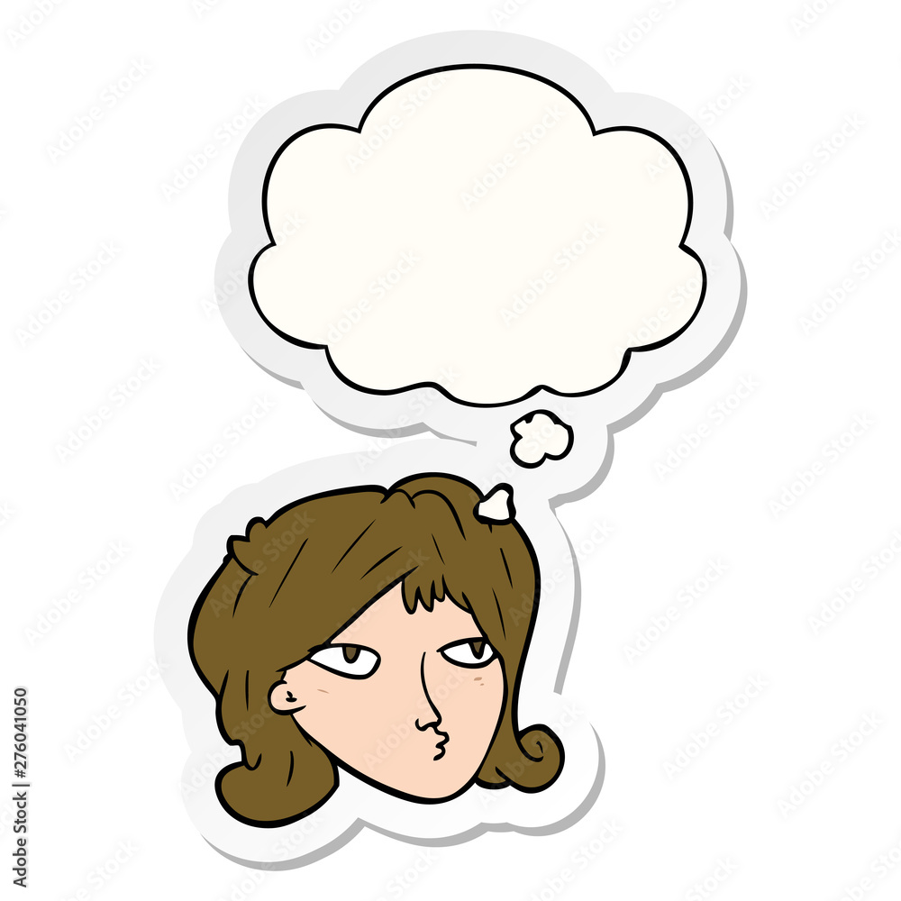 cartoon woman and thought bubble as a printed sticker cartoon woman and thought bubble as a printed sticker