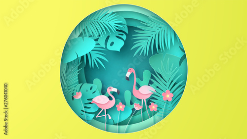 Flamingo couple live in tropical forest and playing in natural pond. paper cut and craft style. vector,illustration.