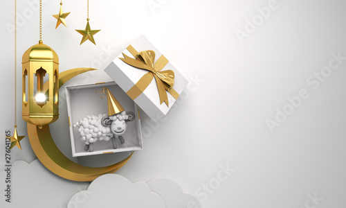 Gift box, sheep, crescent moon, star, cloud, gold arabic lamp on studio lighting white background. Design creative concept of islamic celebration eid al adha or happy birthday. 3d  illustration. photo