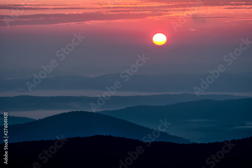 A beautiful sunrise in the mountains. A delightful summer landscape. Polonina Carynska. Bieszczady National Park. Poland.