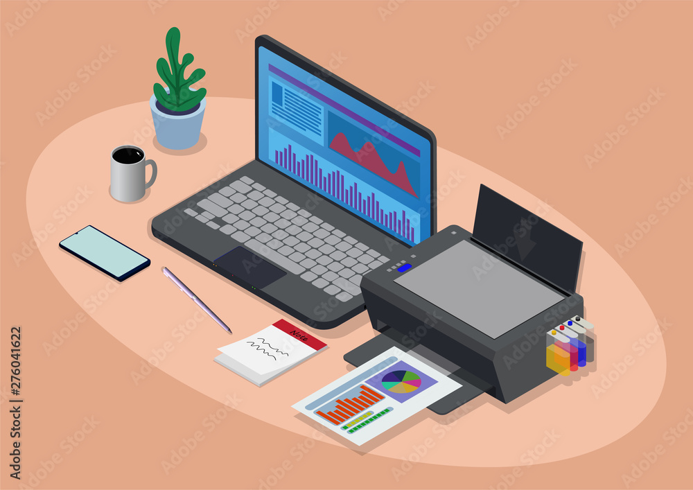 isometric workspace with laptop and printer isometric workspace with laptop and printer