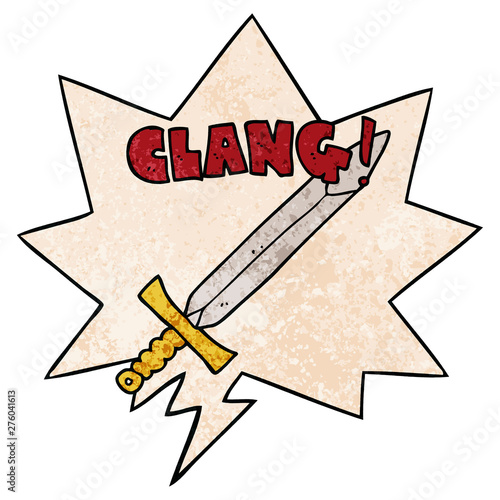 cartoon clanging sword and speech bubble in retro texture style