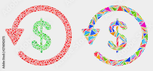 Dollar refund mosaic icon of triangle items which have different sizes and shapes and colors. Geometric abstract vector illustration of dollar refund.