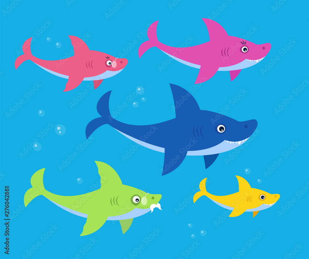 The family shark bright children illustration. Art for kids books. Mommy, daddy, grandma and granddaddy sharks family. The family shark bright children illustration. Art for kids books. Mommy, daddy, grandma and granddaddy sharks family.