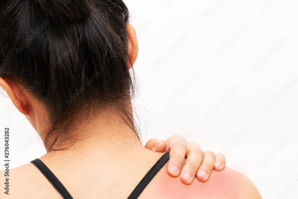 young women neck and shoulder pain injury, healthcare and medical concept young women neck and shoulder pain injury, healthcare and medical concept