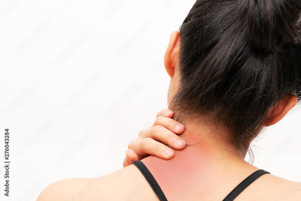 young women neck and shoulder pain injury, healthcare and medical concept young women neck and shoulder pain injury, healthcare and medical concept