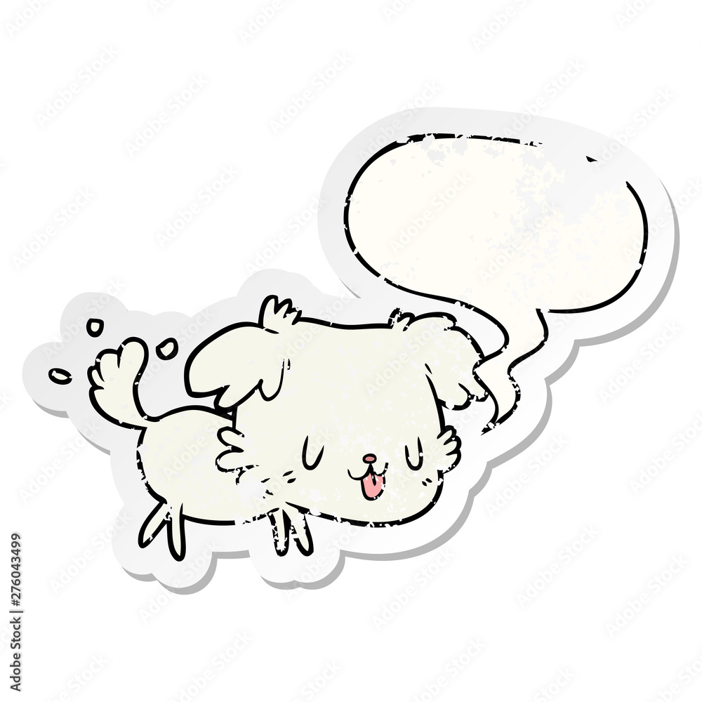 cute cartoon dog wagging tail and speech bubble distressed sticker cute cartoon dog wagging tail and speech bubble distressed sticker