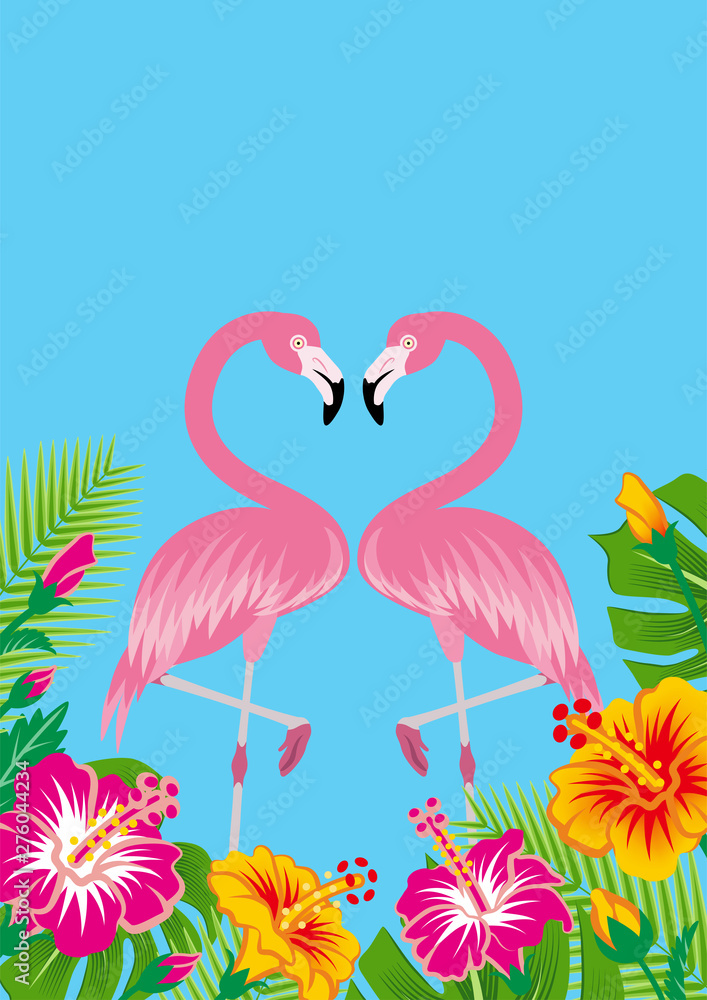 Two flamingos and tropical plants - Copy space, Sky blue background Two flamingos and tropical plants - Copy space, Sky blue background