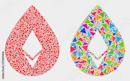 Crystal drop mosaic icon of triangle elements which have various sizes and shapes and colors. Geometric abstract vector illustration of crystal drop.