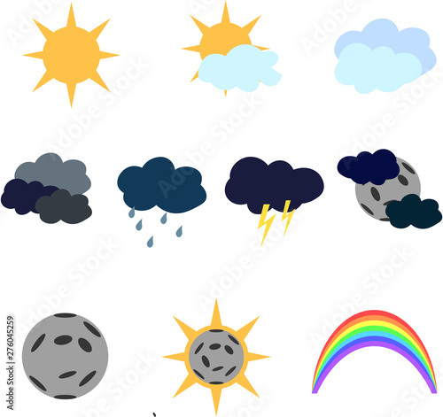 Clear, overcast weather. Solar eclipse, rainbow.