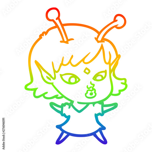rainbow gradient line drawing pretty cartoon alien girl
