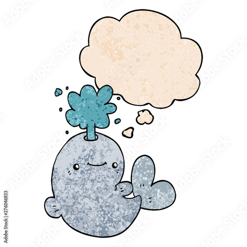 cartoon whale spouting water and thought bubble in grunge texture pattern style