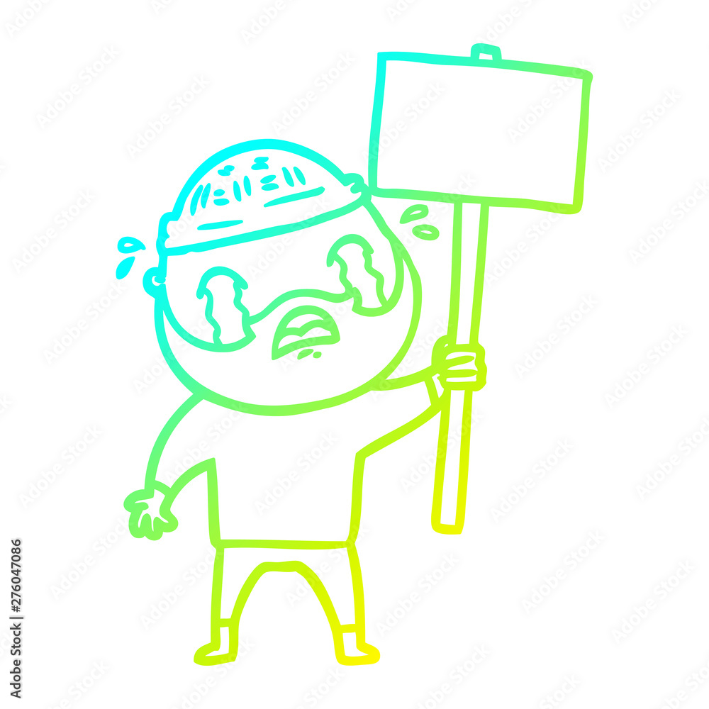 cold gradient line drawing cartoon bearded protester crying