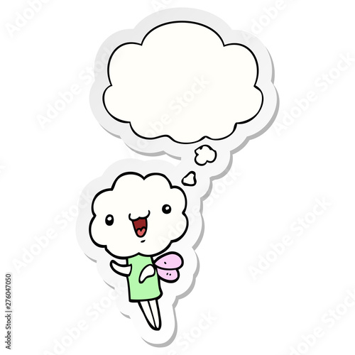 cute cartoon cloud head creature and thought bubble as a printed sticker © lineartestpilot
