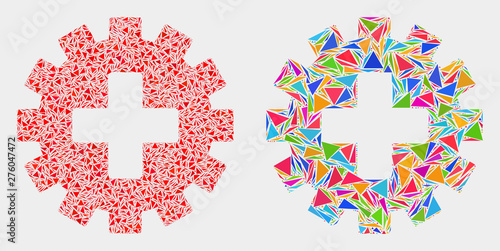 Plus gear collage icon of triangle elements which have different sizes and shapes and colors. Geometric abstract vector illustration of plus gear.