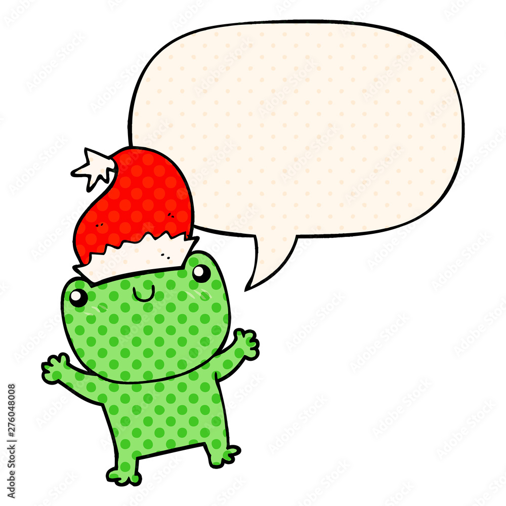 cute cartoon frog wearing christmas hat and speech bubble in comic book style cute cartoon frog wearing christmas hat and speech bubble in comic book style