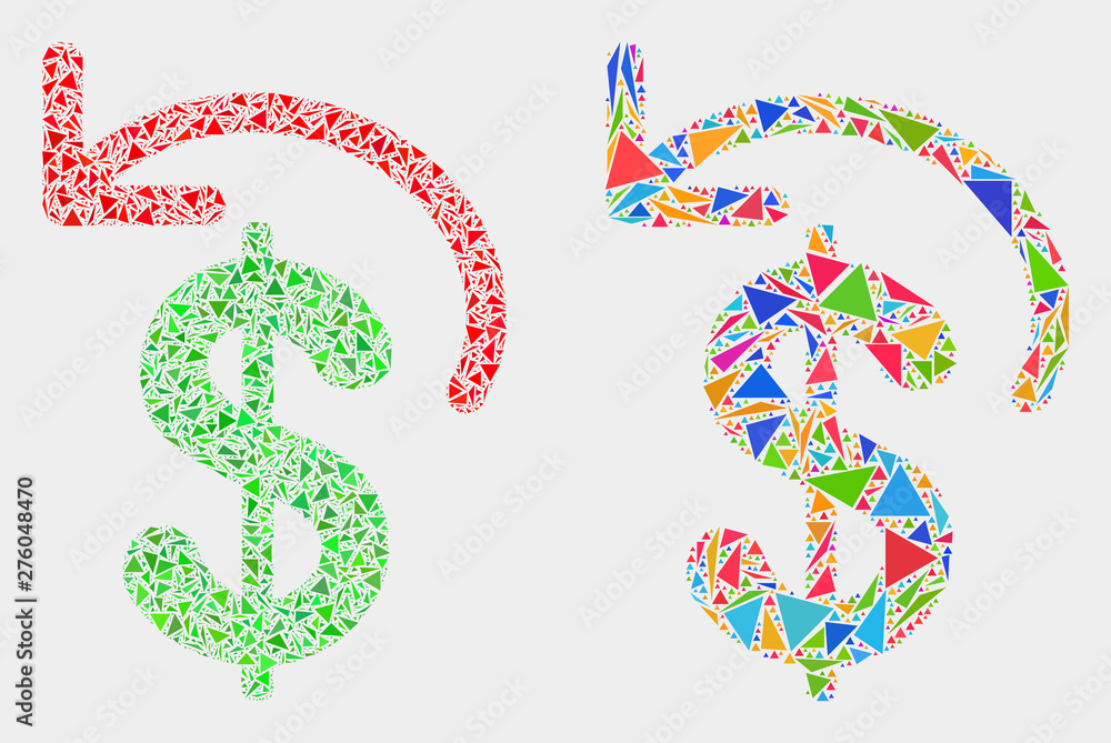 Dollar refund collage icon of triangle items which have variable sizes and shapes and colors. Geometric abstract vector illustration of dollar refund. Dollar refund collage icon of triangle items which have variable sizes and shapes and colors. Geometric abstract vector illustration of dollar refund.