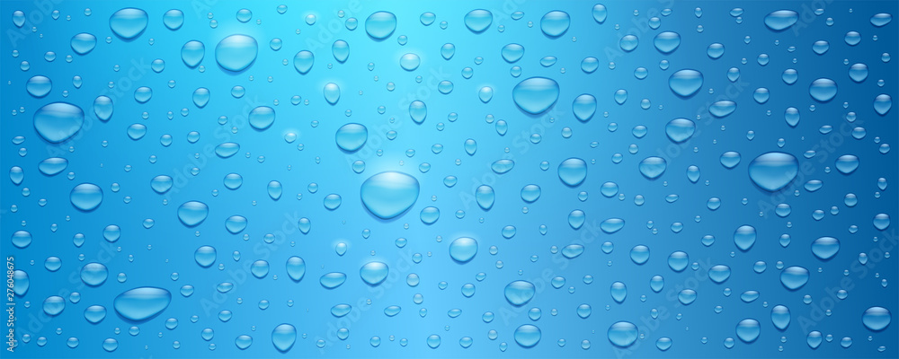 Realistic water drops on blue background. Three dimensional droplets, vector 3d illustration. Textured background with glow from the sun for banner, poster, leaflet.