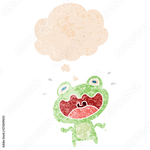 cartoon frog frightened and thought bubble in retro textured style