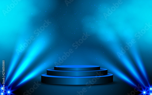 blue podium with spotlight and smoke on the stage