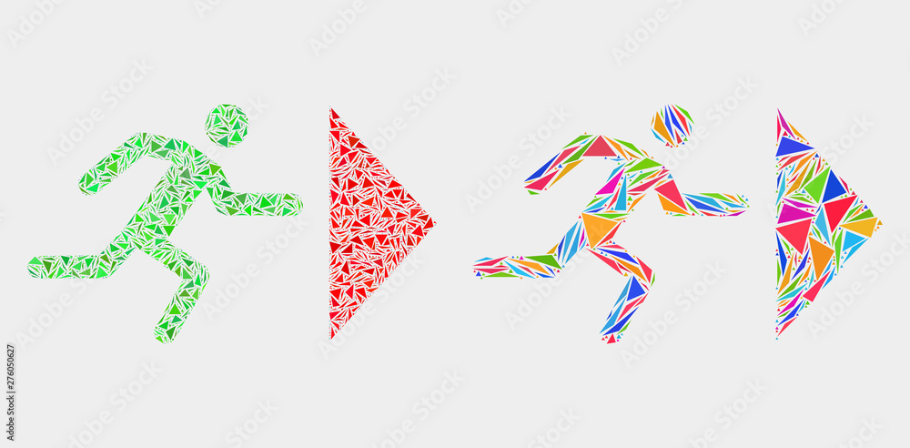 Exit person collage icon of triangle elements which have variable sizes and shapes and colors. Geometric abstract vector design concept of exit person.