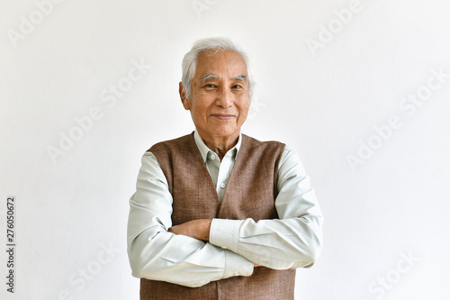Asian senior old man, Confident and smiling elderly people with folded arms gesture on white background, Happy retiree citizen concept.