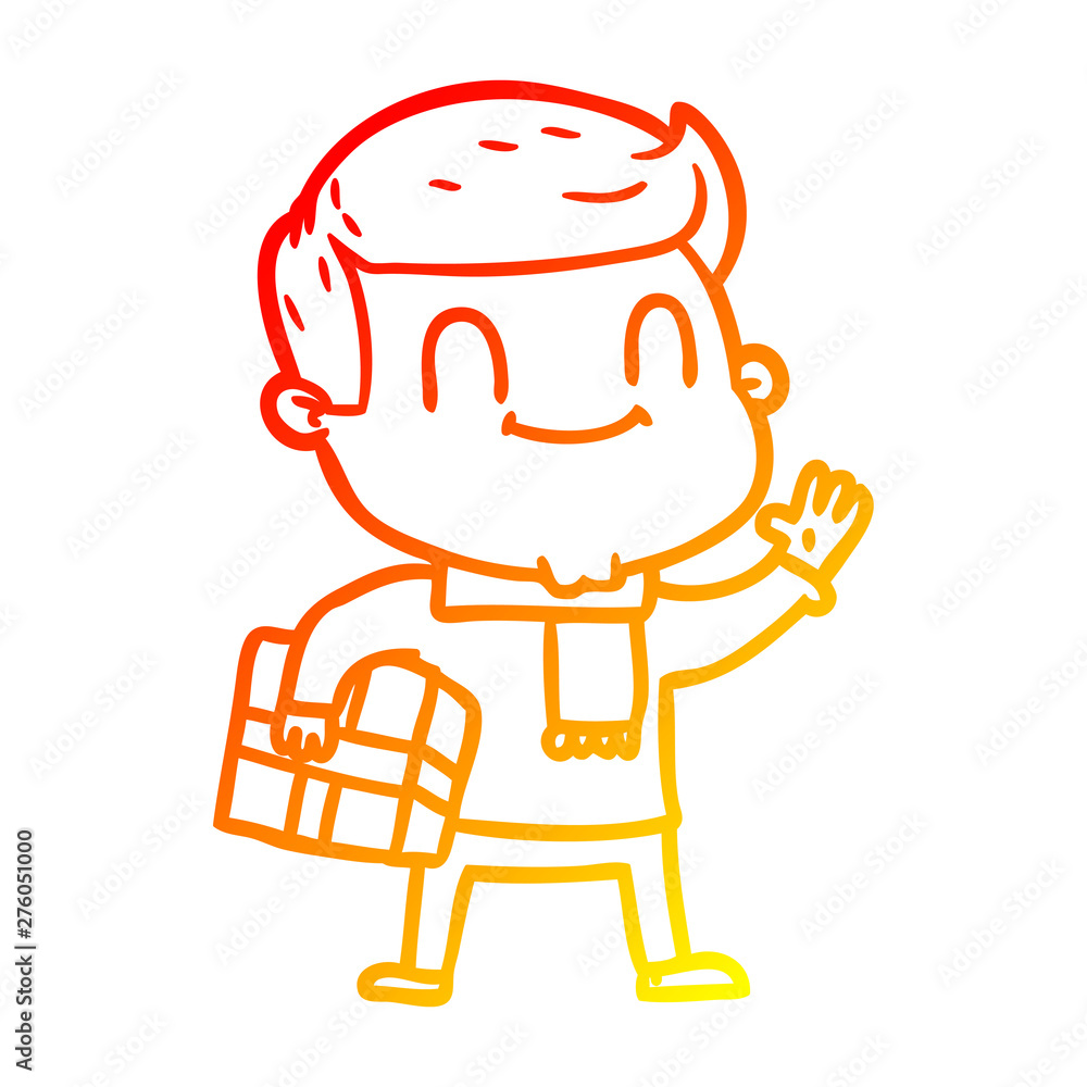warm gradient line drawing cartoon friendly man with xmas gift