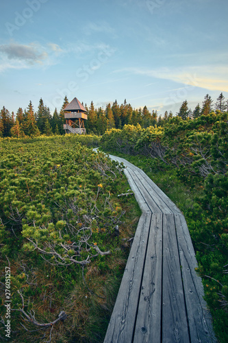wooden path at Lovrenska lakes with the tower in the background - Slovenia