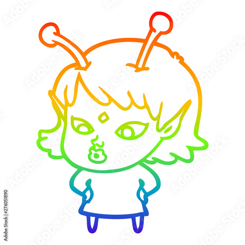 rainbow gradient line drawing pretty cartoon alien girl