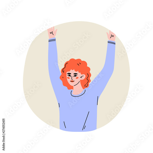 Girl Standing in Round Window with Arms Raised Vector Illustration