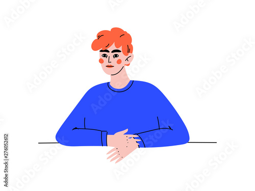 Young Man Looking Out From Behind Wall Vector Illustration