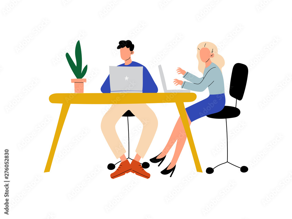Fototapeta premium Young Man and Woman Sitting at Desk with Computers, Colleagues Working Together in Office Vector Illustration