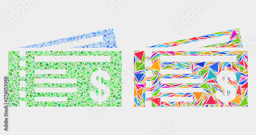 Dollar cheques mosaic icon of triangle items which have different sizes and shapes and colors. Geometric abstract vector illustration of dollar cheques.