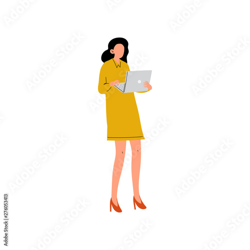 Businesswoman or Office Worker Standing with Laptop, Young Woman Working in Office Vector Illustration