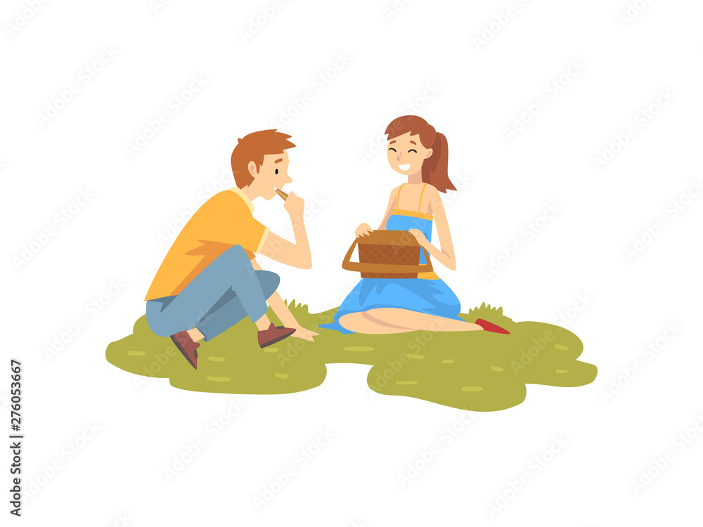 Happy Couple in Love Resting on Grass, Young Man and Woman Having Picnic In Park, Summer Outdoor Activities Vector Illustration