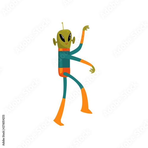 Funny Green Alien, Humanoid Cartoon Character with Big Eyes Oval Shape and Small Antenna Wearing Space Suit