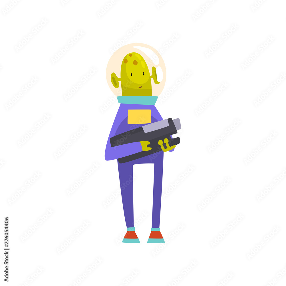 Funny Green Alien with Blaster, Funny Humanoid Cartoon Character in Blue Space Suit and Helmet Vector Illustration Funny Green Alien with Blaster, Funny Humanoid Cartoon Character in Blue Space Suit and Helmet Vector Illustration