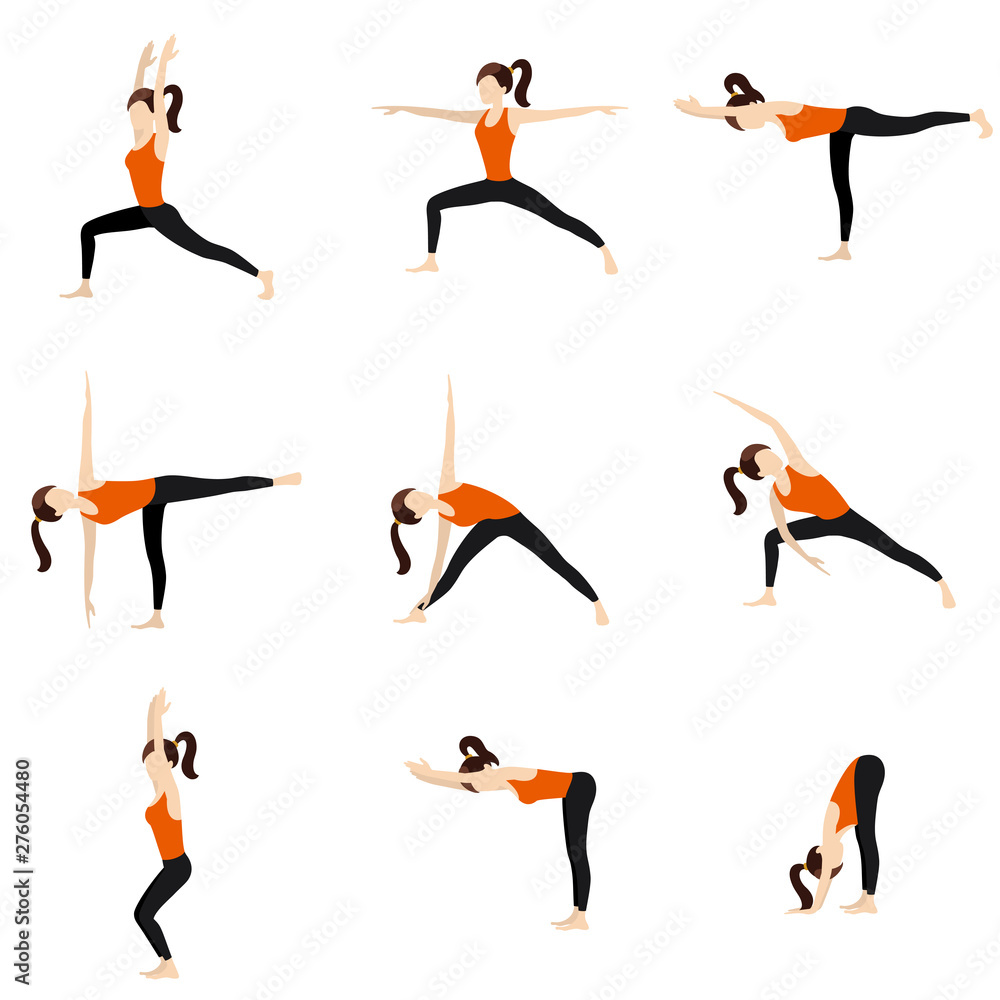 Standing yoga poses set/ Illustration stylized woman practicing standing  yoga postures Stock Vector