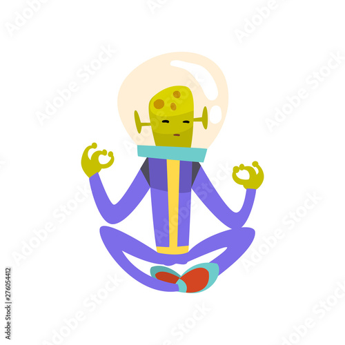 Funny Green Alien Meditating in Lotus Position, Funny Humanoid Cartoon Character in Blue Space Suit and Helmet Vector Illustration