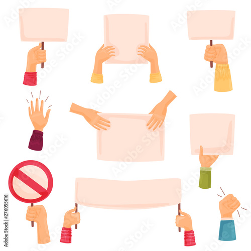 Set of blank posters in hands. Vector illustration on white background.