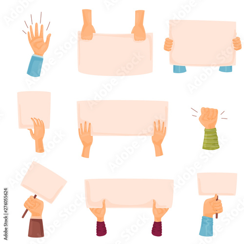 Set of posters in the hands. Vector illustration on white background.